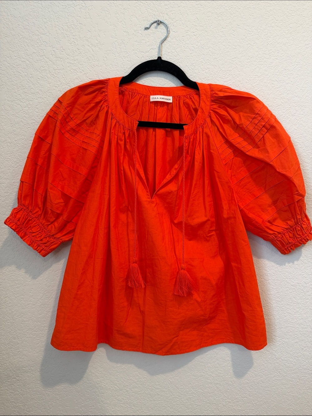 Ulla Johnson Bright Orange Puff-Sleeve Tassel Peasant Blouse